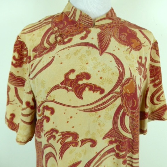 Citron Dresses & Skirts - CITRON Santa Monica gold red KOI FLORAL SILK mandarin short sleeve maxi Dress M